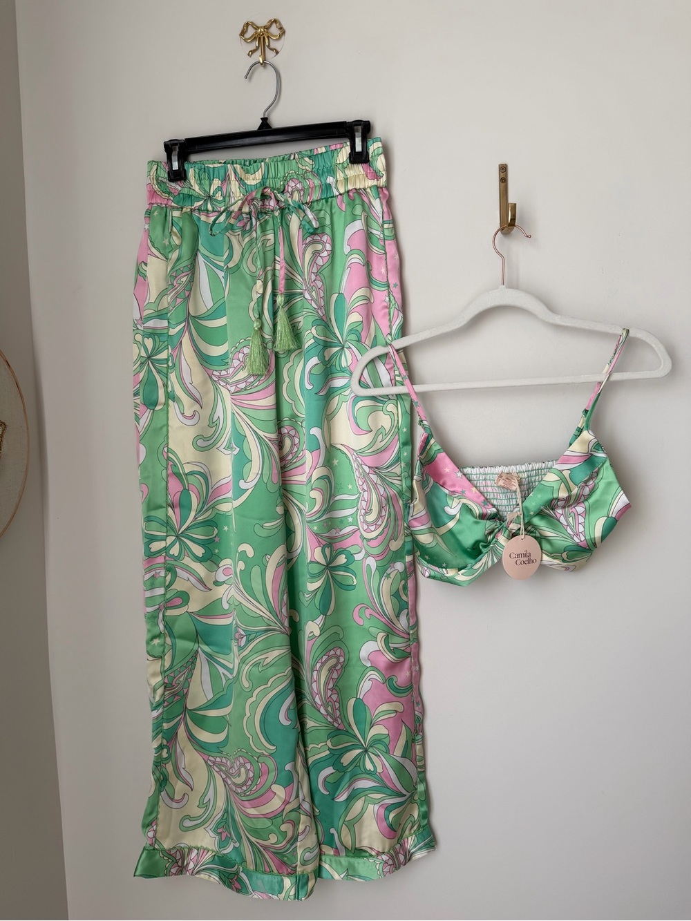 Camila Coelho Green & Pink Swirl Pucci crop top and wide leg pant Set - Picture 3 of 10